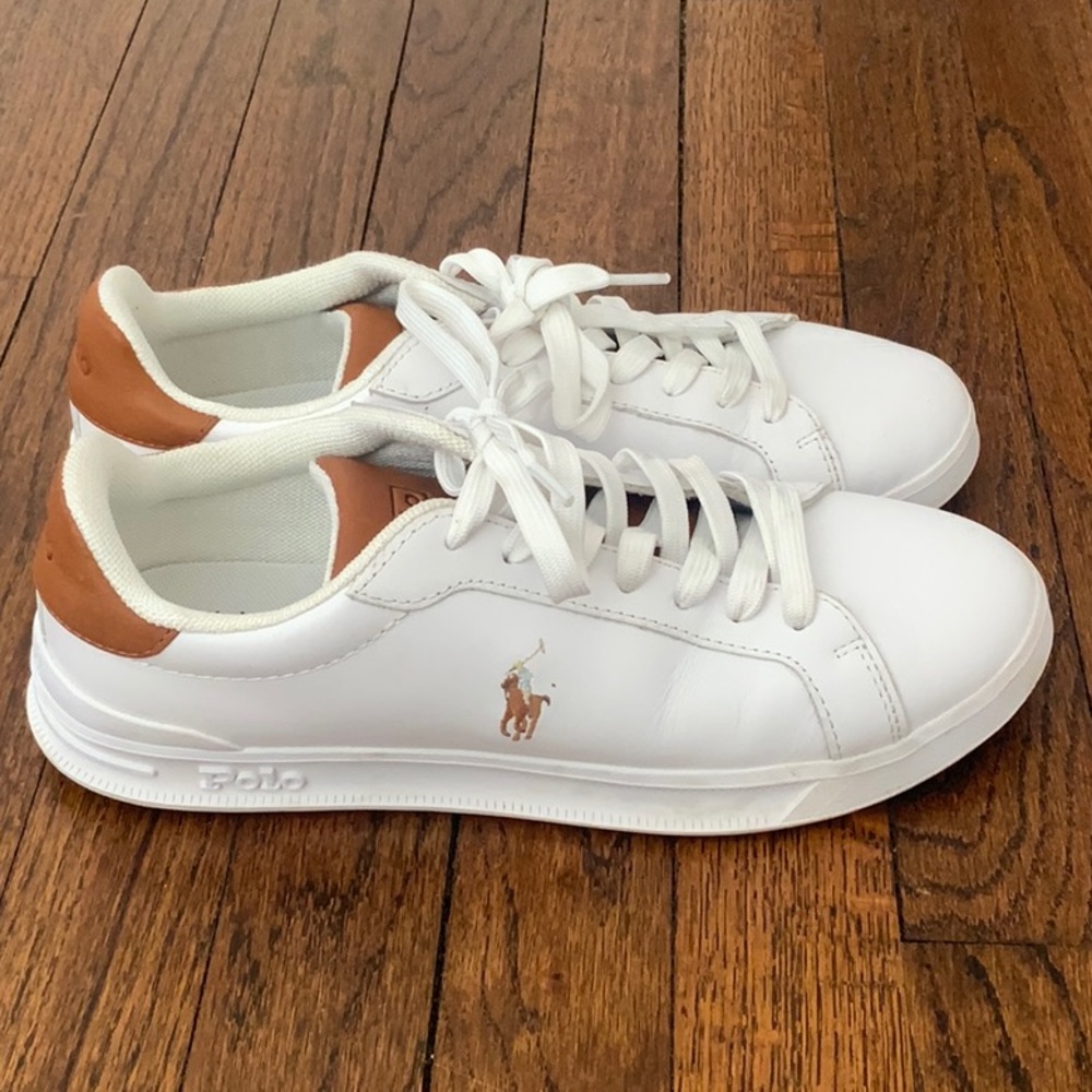 Men’s Polo by Ralph Lauren White leather and Tan Sneakers size 8